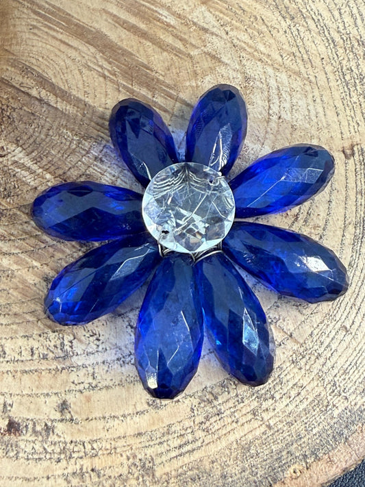 Vintage Cobalt Blue Brooch Faceted Plastic Daisy Flower Statement Pin