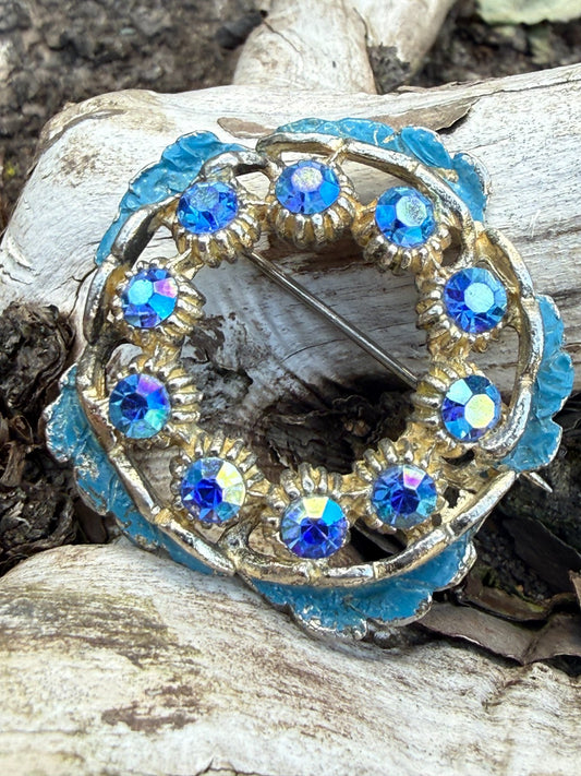 Vintage Wreath Brooch Silver Tone Blue Aurora Borealis Rhinestone Sparkly Pin