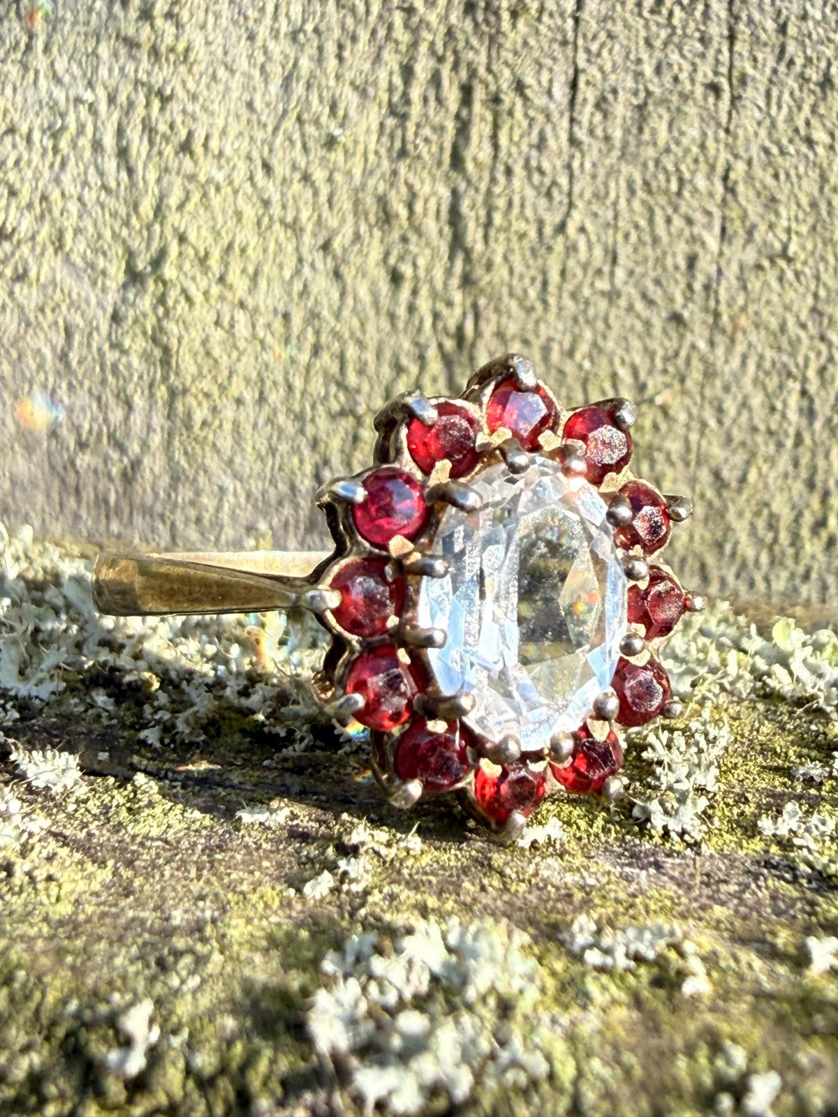 Vintage Silver Milky Quartz Ring Red Glass Rhinestone Cluster Cocktail Size M