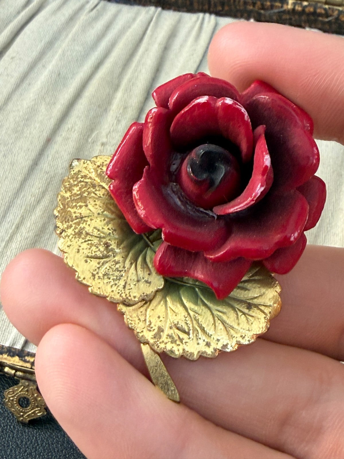 Vintage Red Rose Brooch Gold Tone Leaf Base Painted Plastic Floral 1970s 1980s