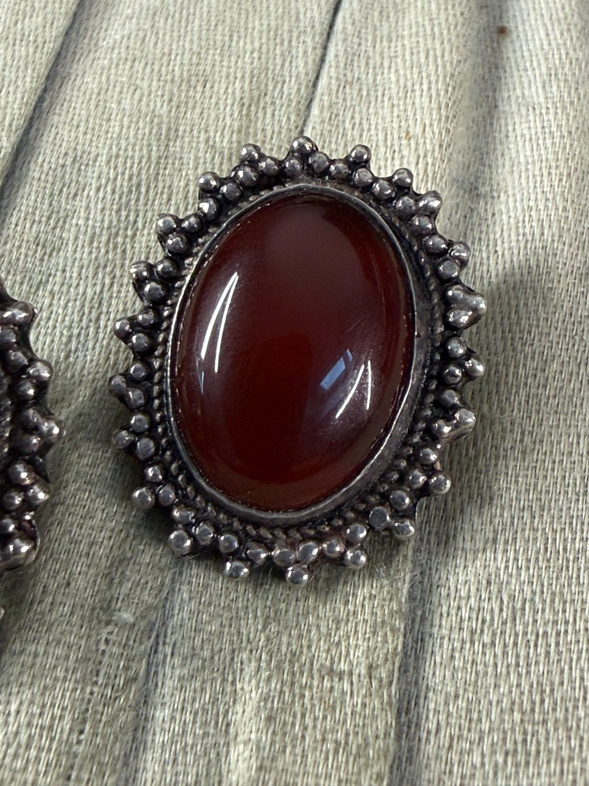 Vintage Sterling Silver 925 Carnelian Cabochon Clip On Earrings Granulated