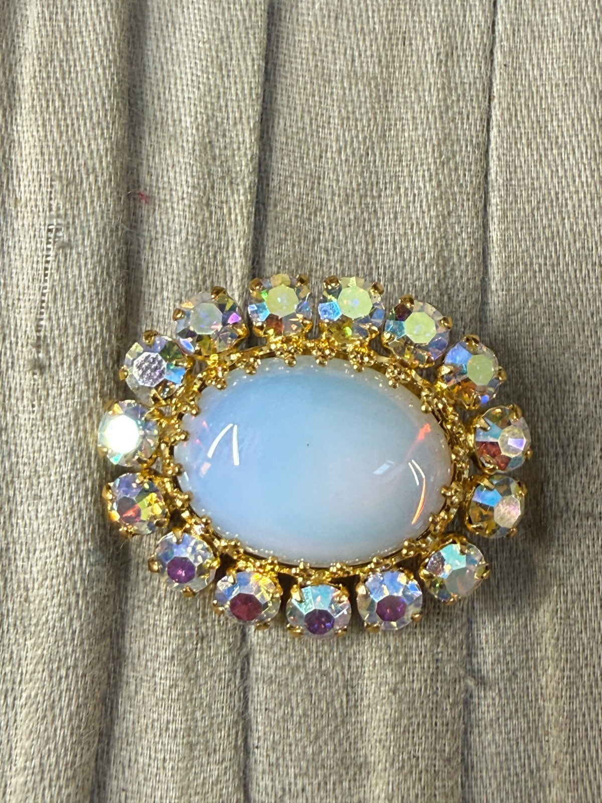 Vintage Aurora Borealis Rhinestone Brooch Gold Tone Pin Opaline Glass Cabochon