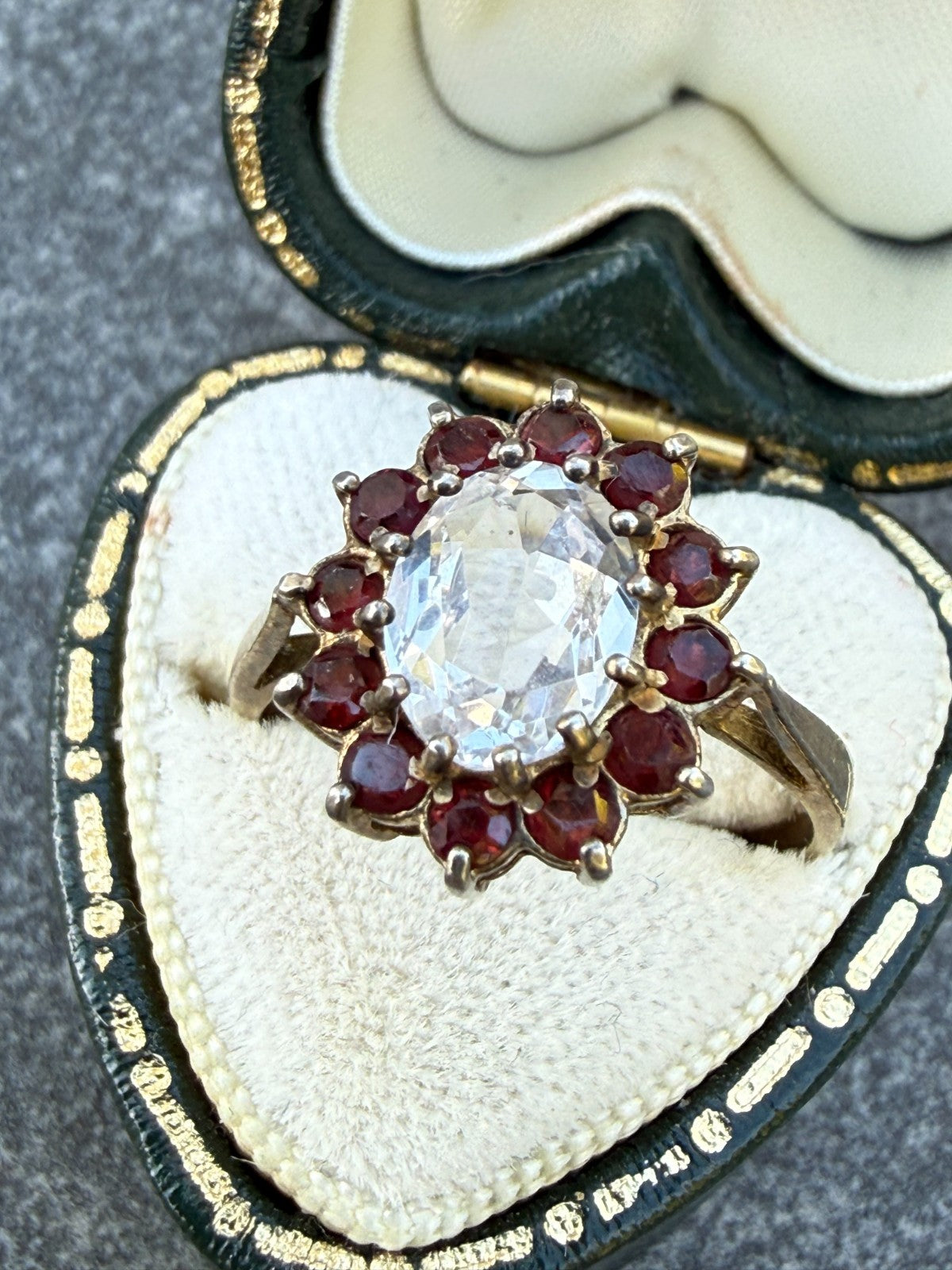 Vintage Silver Milky Quartz Ring Red Glass Rhinestone Cluster Cocktail Size M