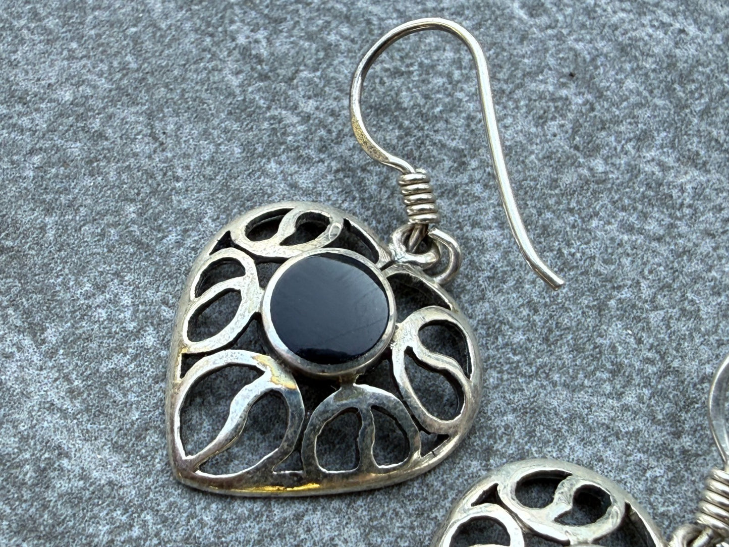 Sterling Silver Heart Earrings Black Onyx Drop Dangle Openwork Love Anniversary