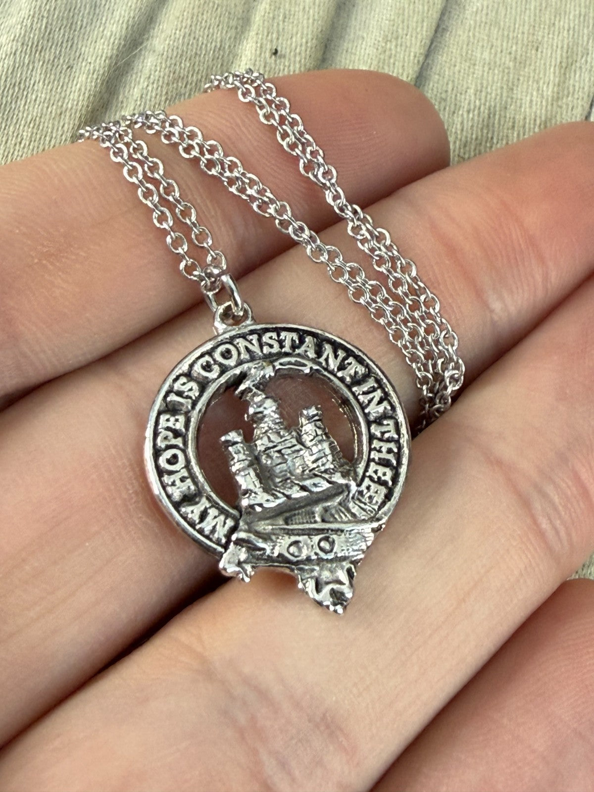 Vintage Silver Tone Clan Douglas Crest Pendant Necklace Scottish Motto Celtic