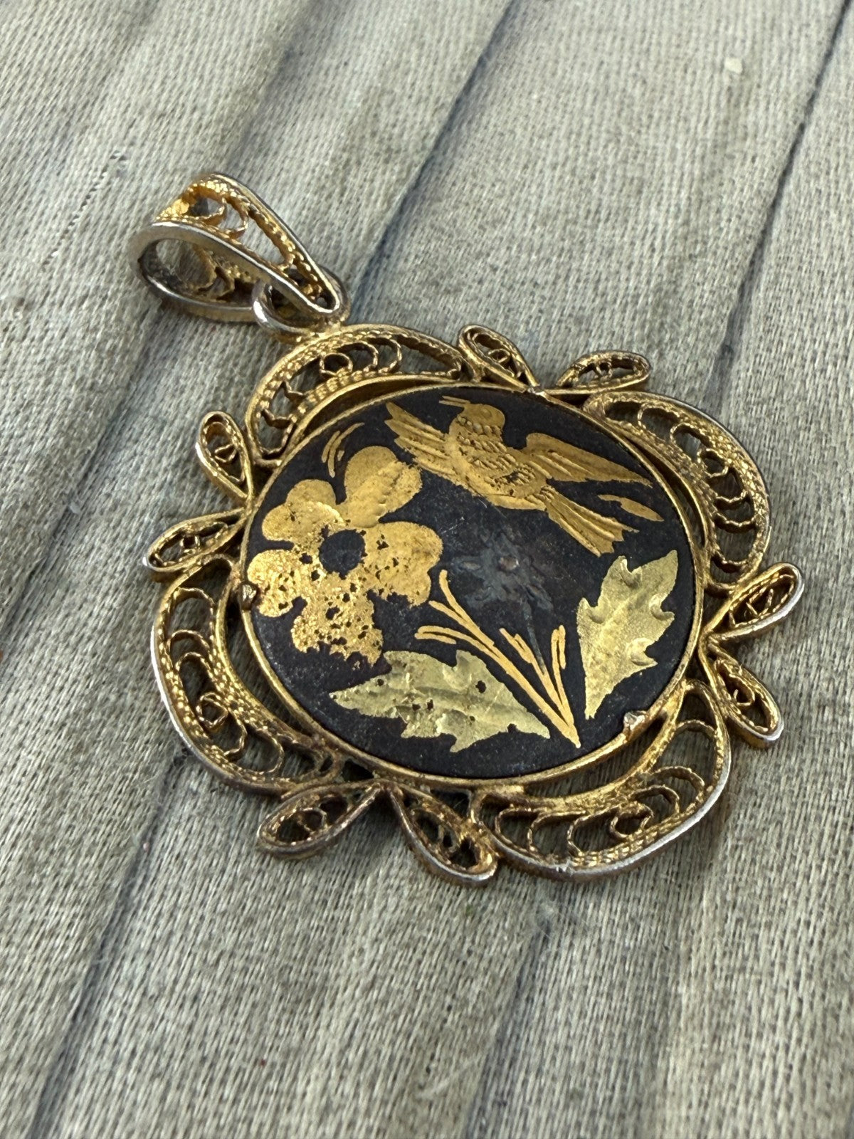 Vintage Damascene Pendant Gold Tone Filigree Bird Floral Spanish Toledo