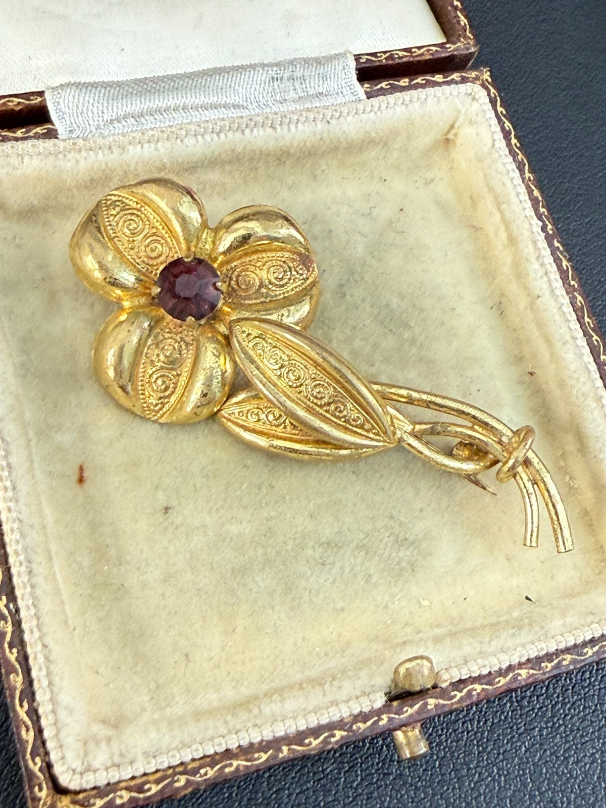 Vintage Single Flower Brooch Red Glass Rhinestone Ornate Gold Tone Floral Pin