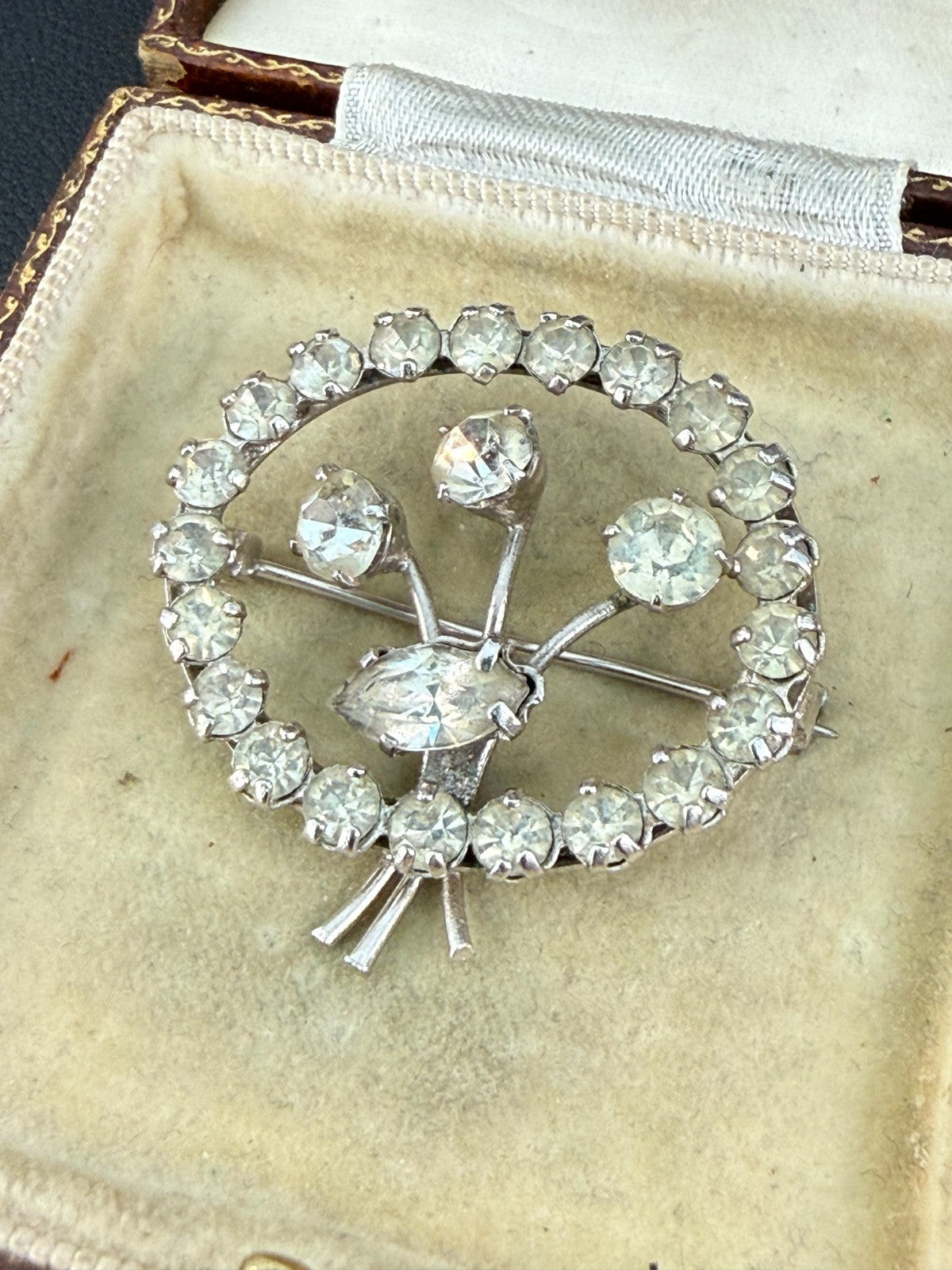 Vintage Sparkly Brooch Mid Century Silver Tone Clear Rhinestone Floral Bouquet