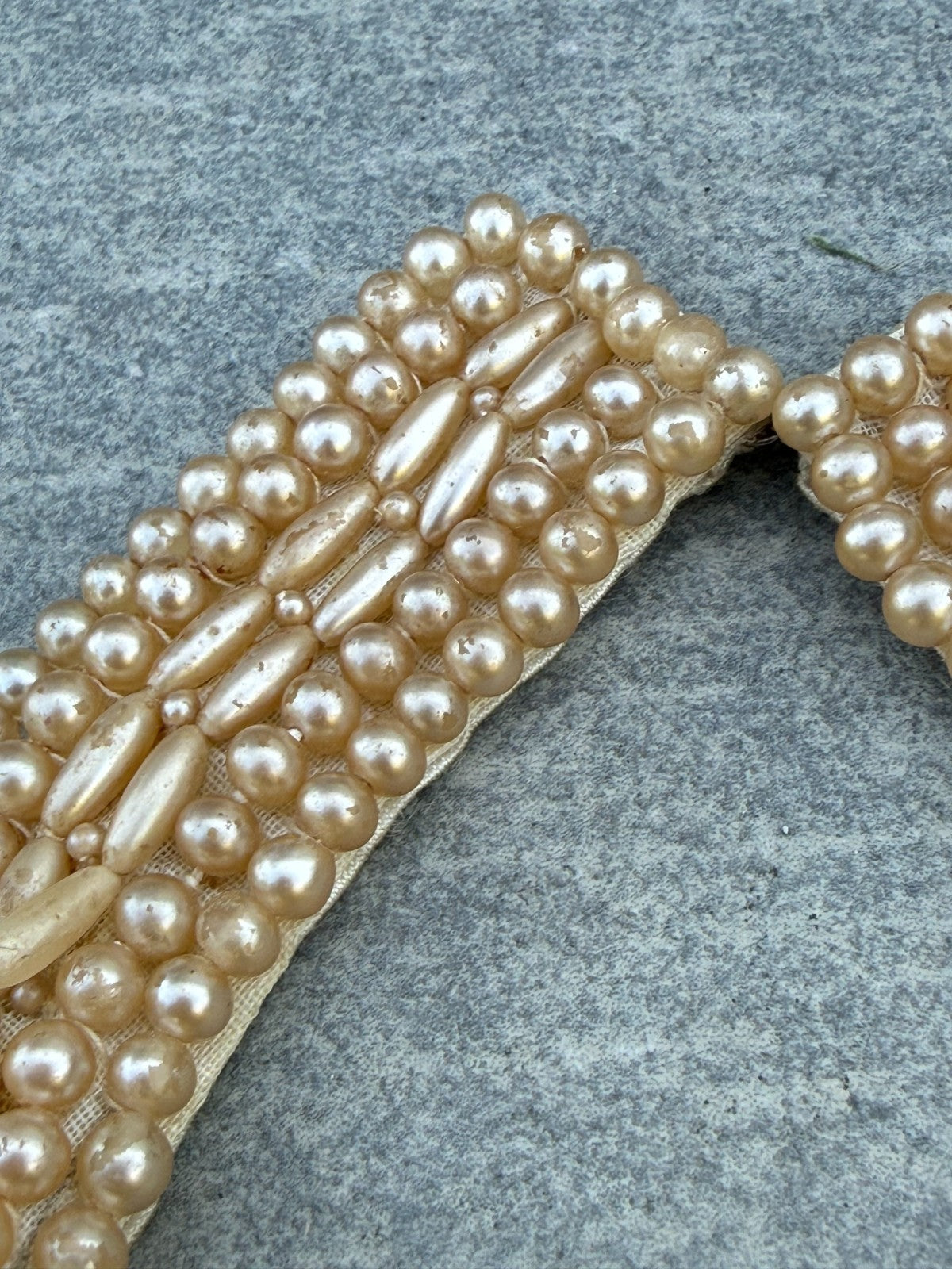 Vintage Cream Faux Pearl Flapper Necklace Collar Bib Style Fabric Mid Century