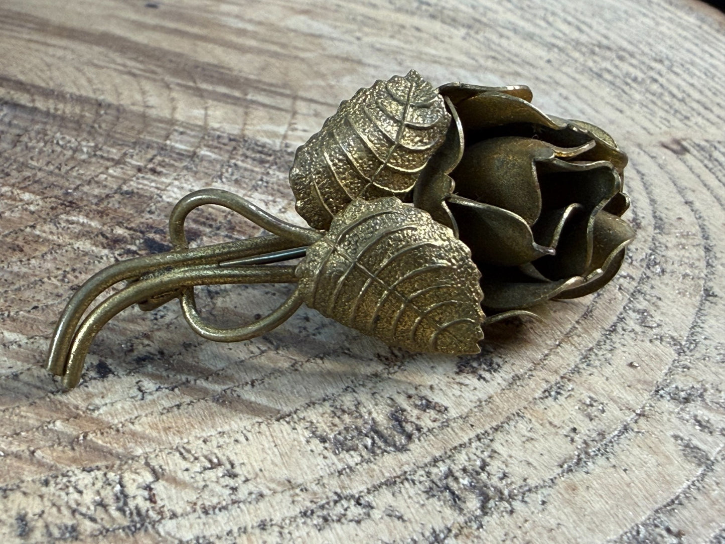 Vintage Rose Brooch Gold Tone Pin Flower Floral Sculptural 1940s Brass Natural