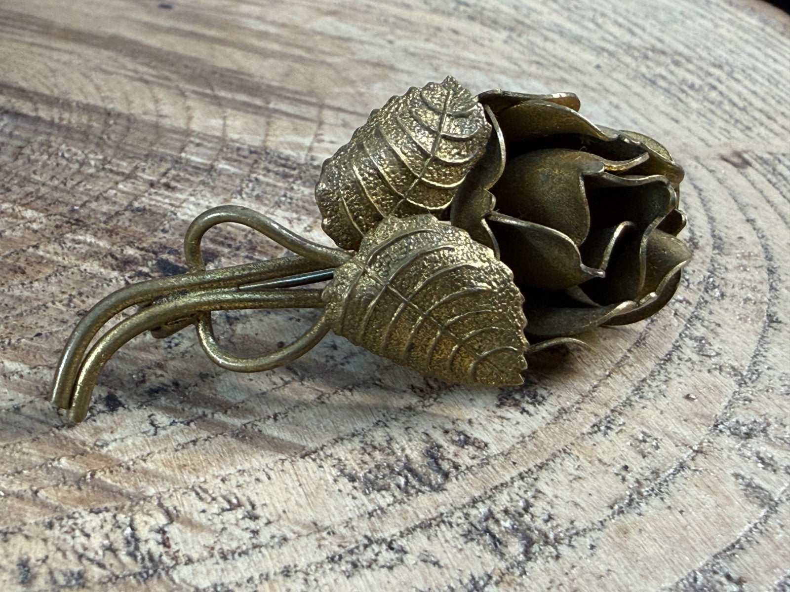 Vintage Rose Brooch Gold Tone Pin Flower Floral Sculptural 1940s Brass Natural