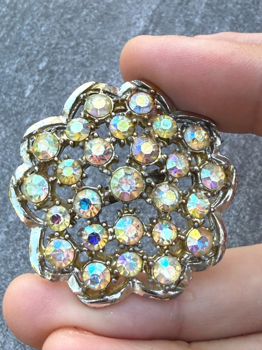 Vintage Yellow Aurora Borealis Brooch Gold Tone Rhinestone Sparkly Mid Century