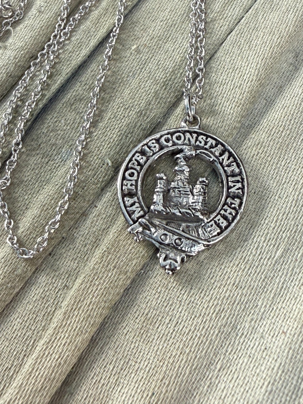Vintage Silver Tone Clan Douglas Crest Pendant Necklace Scottish Motto Celtic