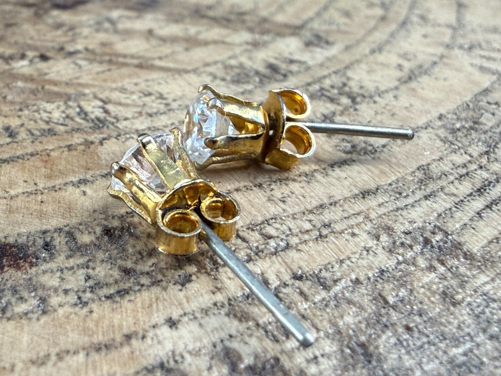 Vintage Goshenite Stud Earrings Gold Tone Round Brilliant Cut White Beryl Studs