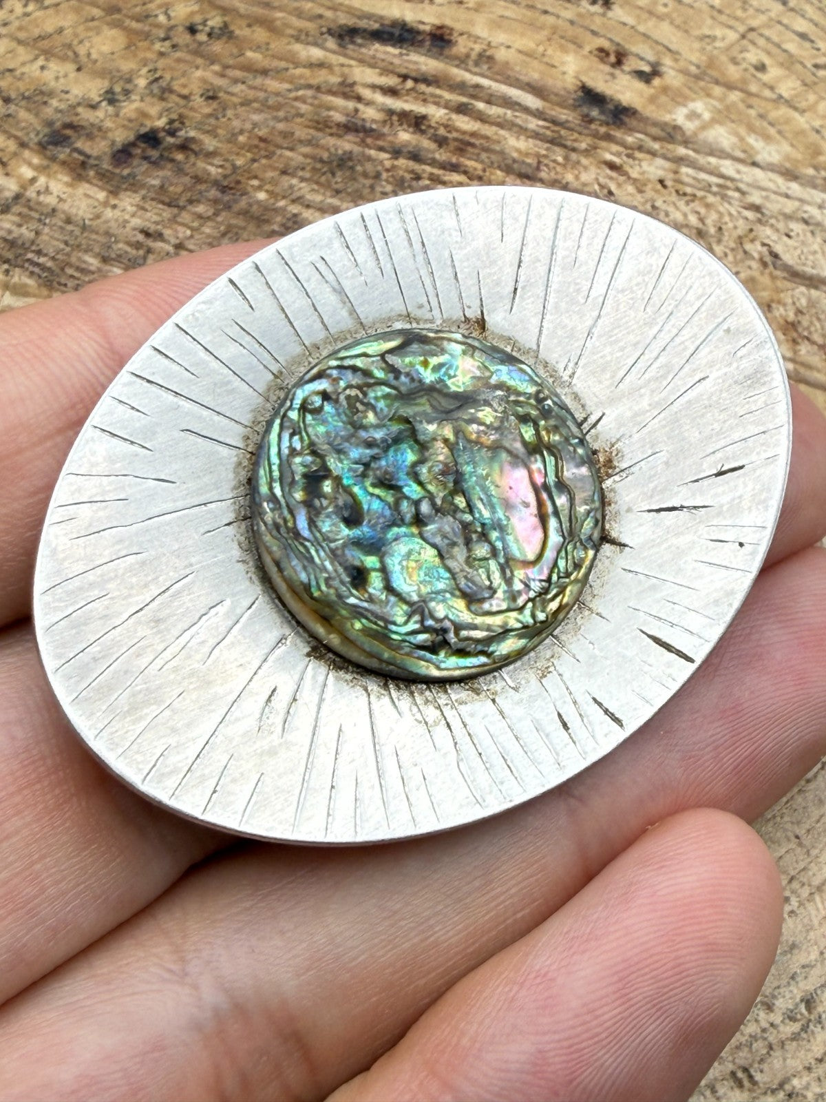 Vintage Modernist Brooch Stainless Steel Peak Sunburst Abalone Shell Pin