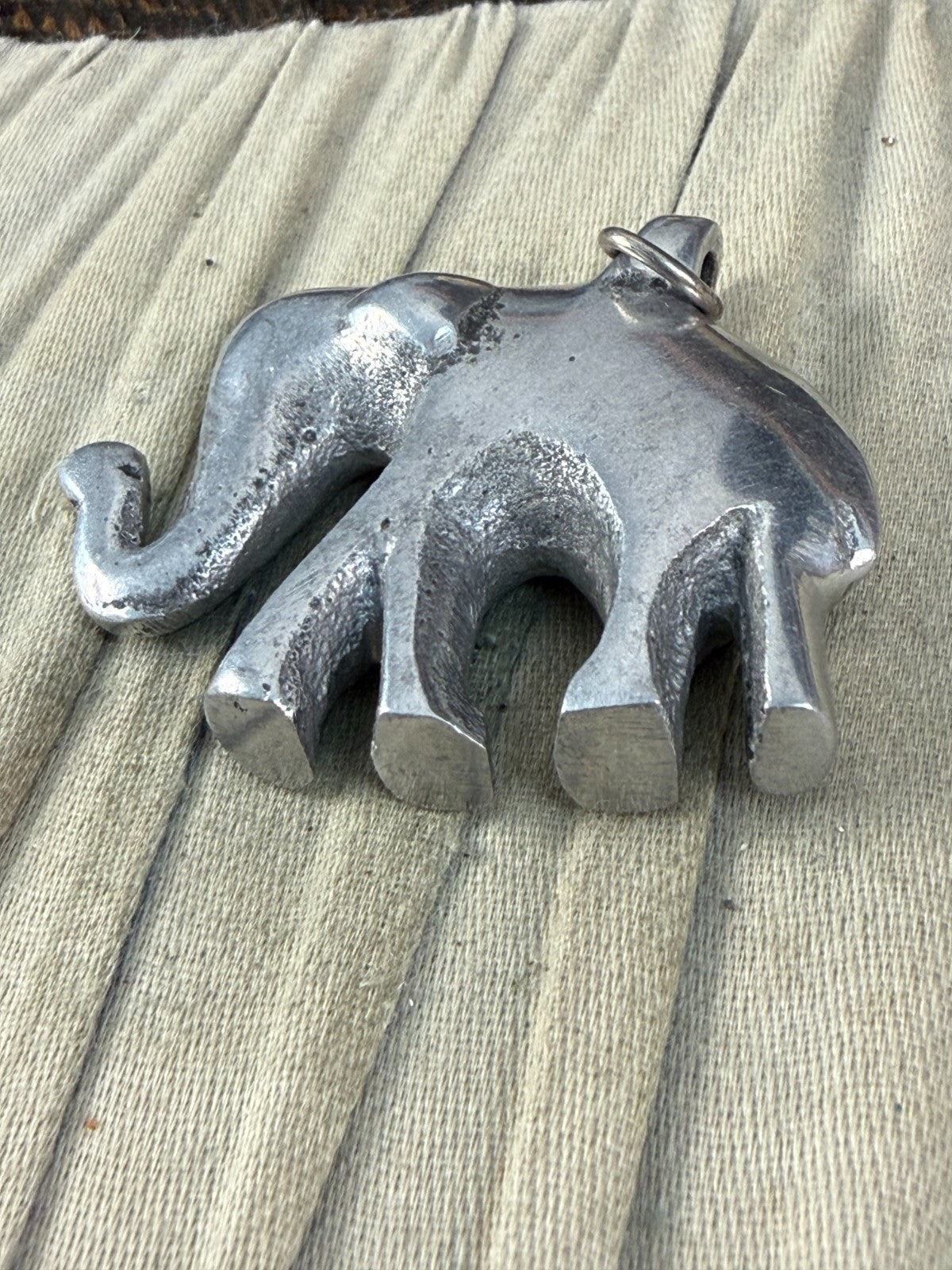 Vintage Elephant Pendant Trunk Up Lucky Charm Large Heavy Cast Silver Tone