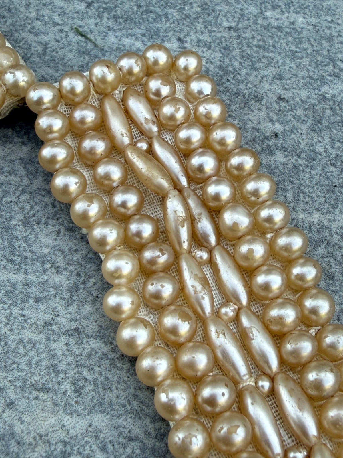 Vintage Cream Faux Pearl Flapper Necklace Collar Bib Style Fabric Mid Century