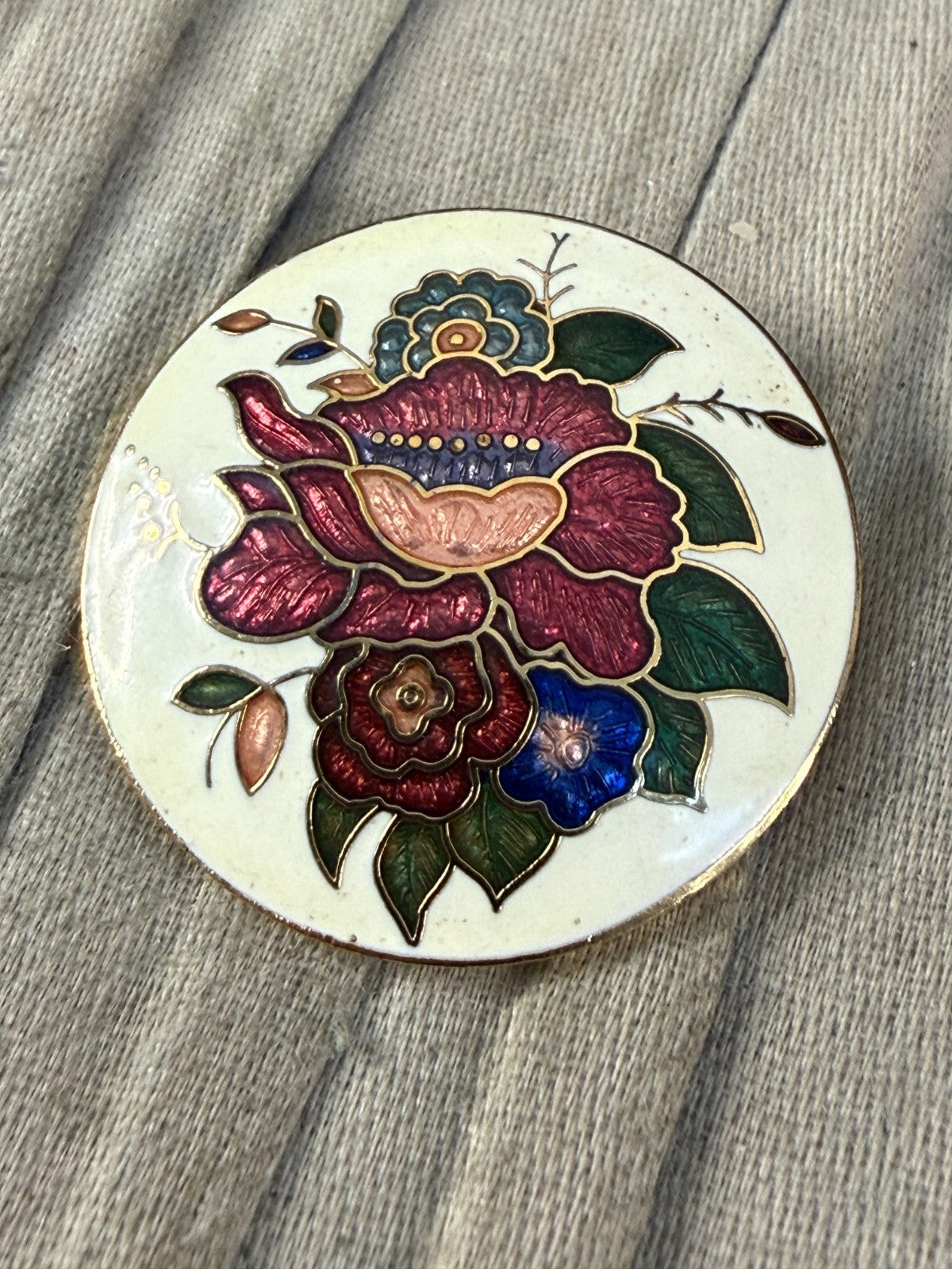 Vintage Cloisonné Enamel Floral Brooch Multicolour Flower Round Gold Tone Pin