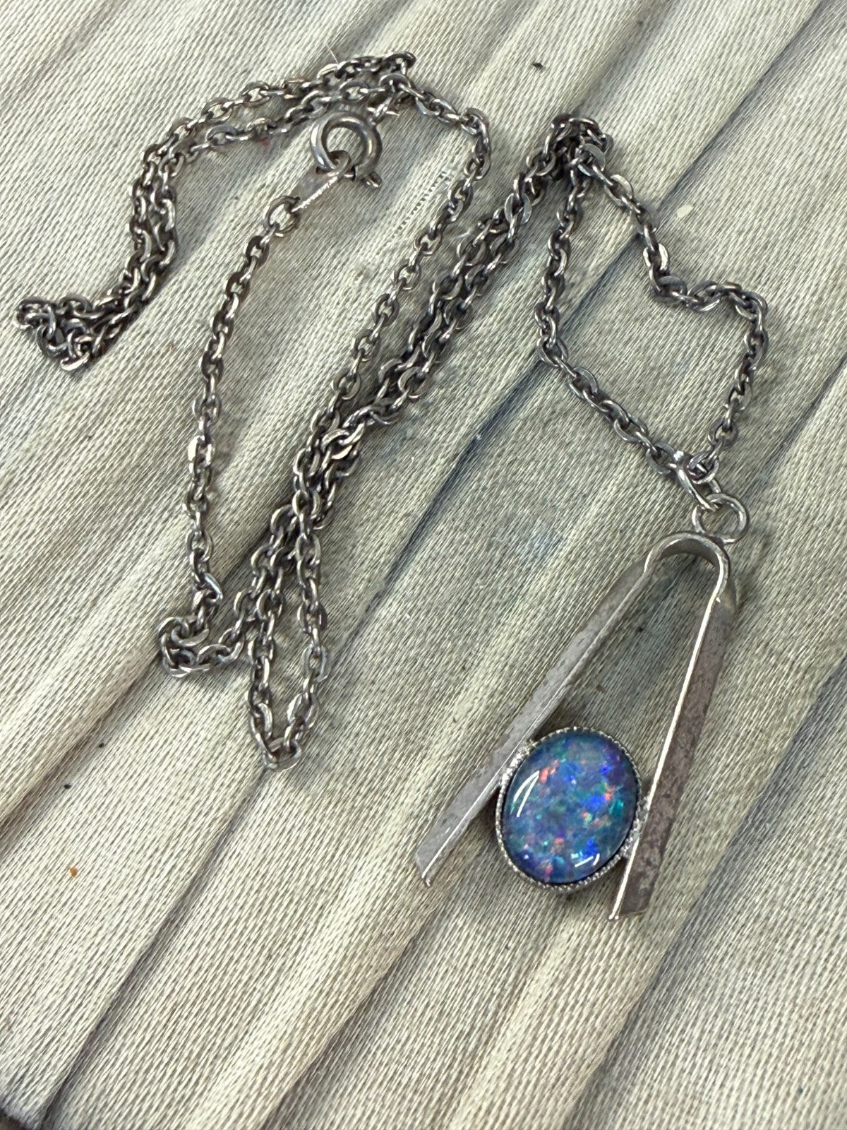 Vintage Modernist Pendant Necklace Glass Opal Simulant 1960s Dark Silver Tone