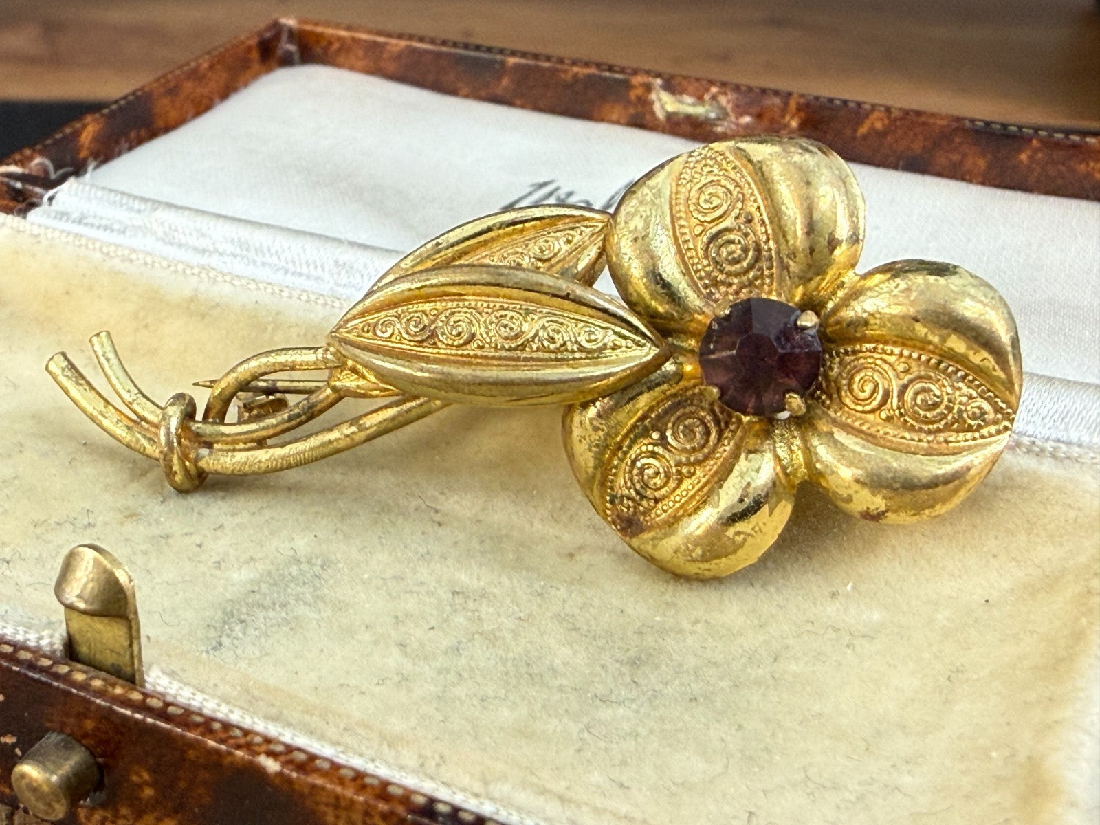 Vintage Single Flower Brooch Red Glass Rhinestone Ornate Gold Tone Floral Pin