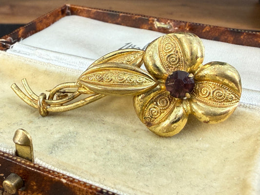 Vintage Single Flower Brooch Red Glass Rhinestone Ornate Gold Tone Floral Pin