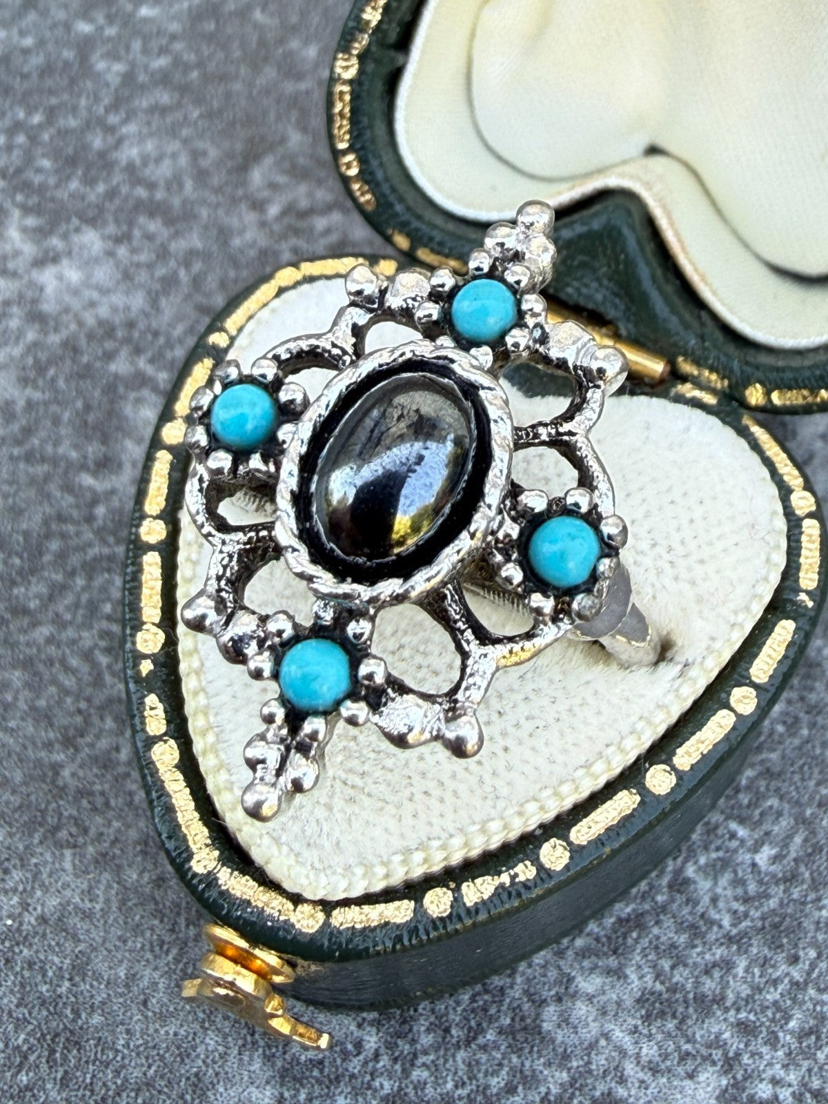 Vintage AVON Mirabella Ring Hematite Faux Turquoise Silver Tone 1970s Size L