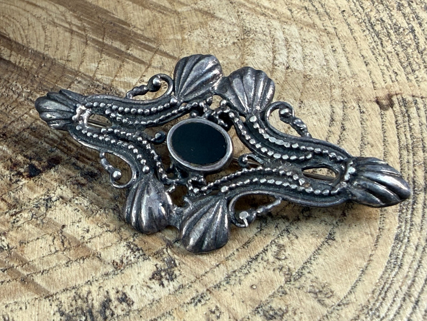 Vintage Silver Brooch Black Onyx Art Nouveau Revival Beaded Scrollwork Pin
