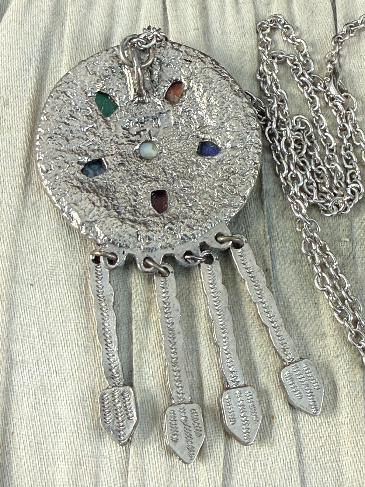Vintage Silver Tone Celtic Knotwork Disc Pendant Necklace Multicolour Glass