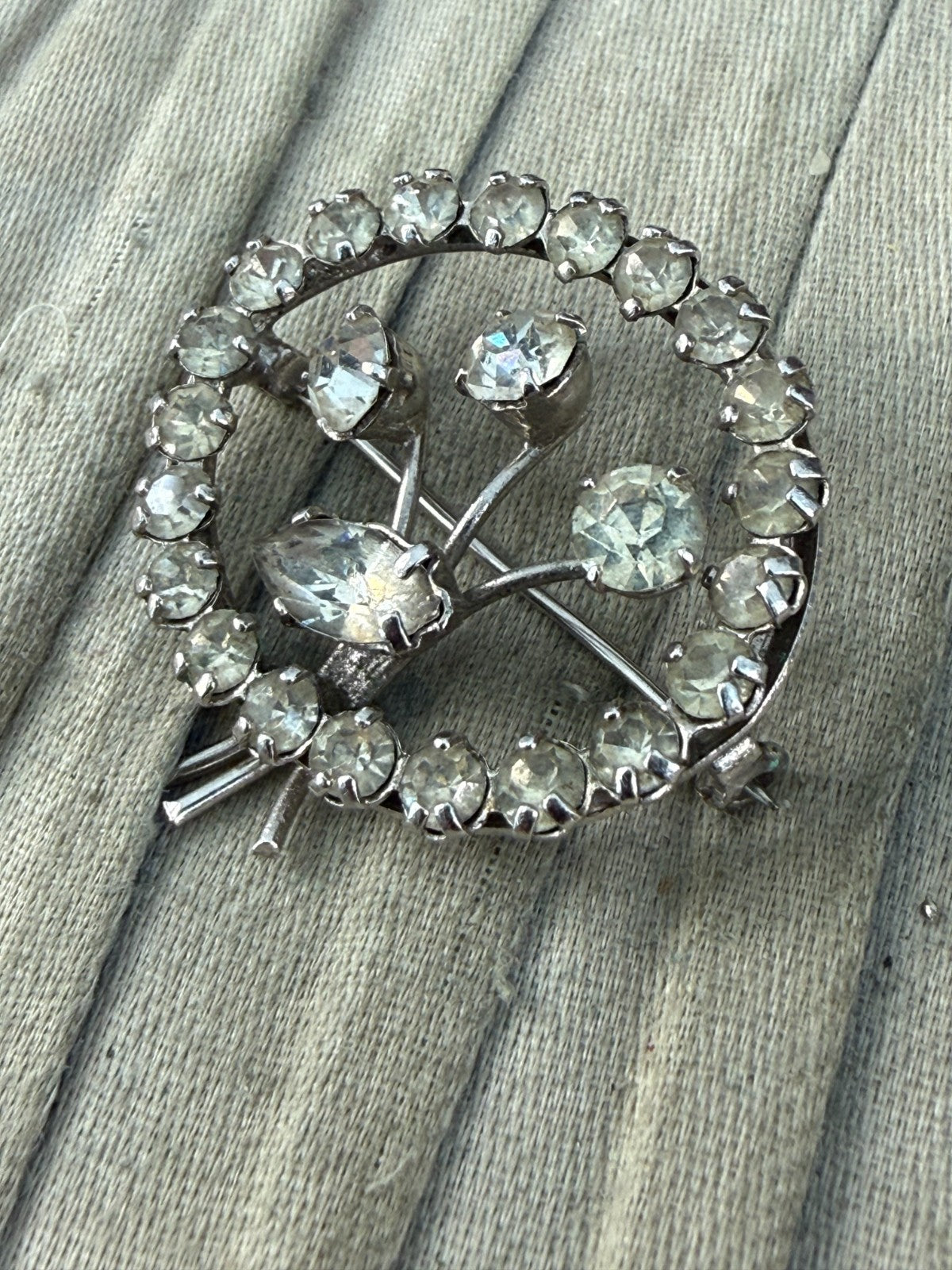 Vintage Sparkly Brooch Mid Century Silver Tone Clear Rhinestone Floral Bouquet