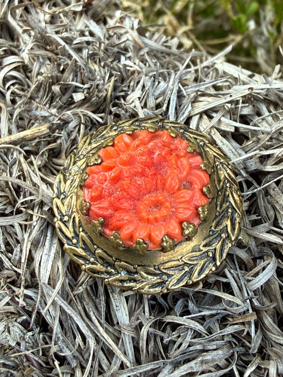 Antique Art Deco Brooch Red Celluloid Floral Pin Faux Coral Gold Tone Lapel