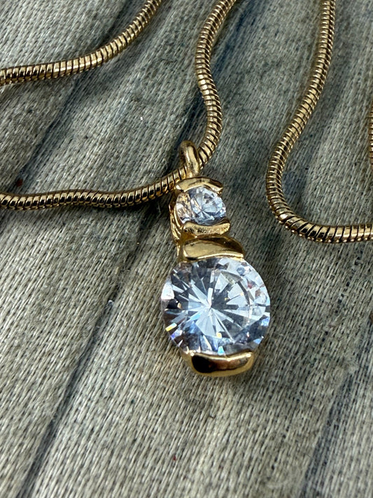 Vintage Gold Tone Goshenite Beryl Double Stone Pendant Snake Chain Necklace 45cm