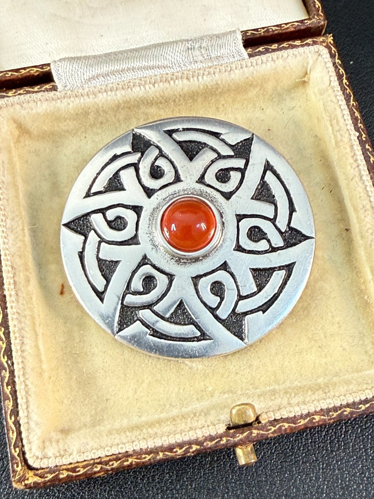 Vintage St Justin Pewter Brooch Celtic Knotwork Round Pin Orange Glass Cabochon