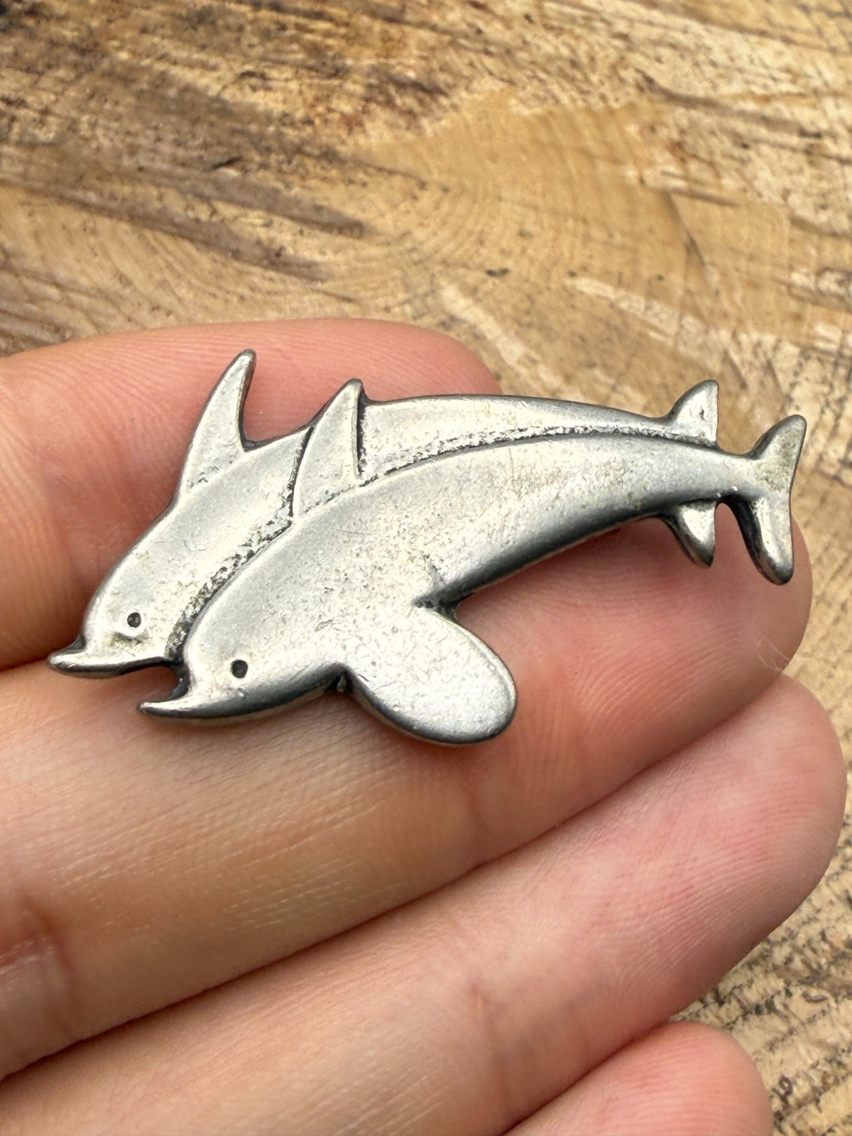Vintage Pewter Dolphin Brooch Pin Silver Tone Pin Sealife Pair Animal Jumping