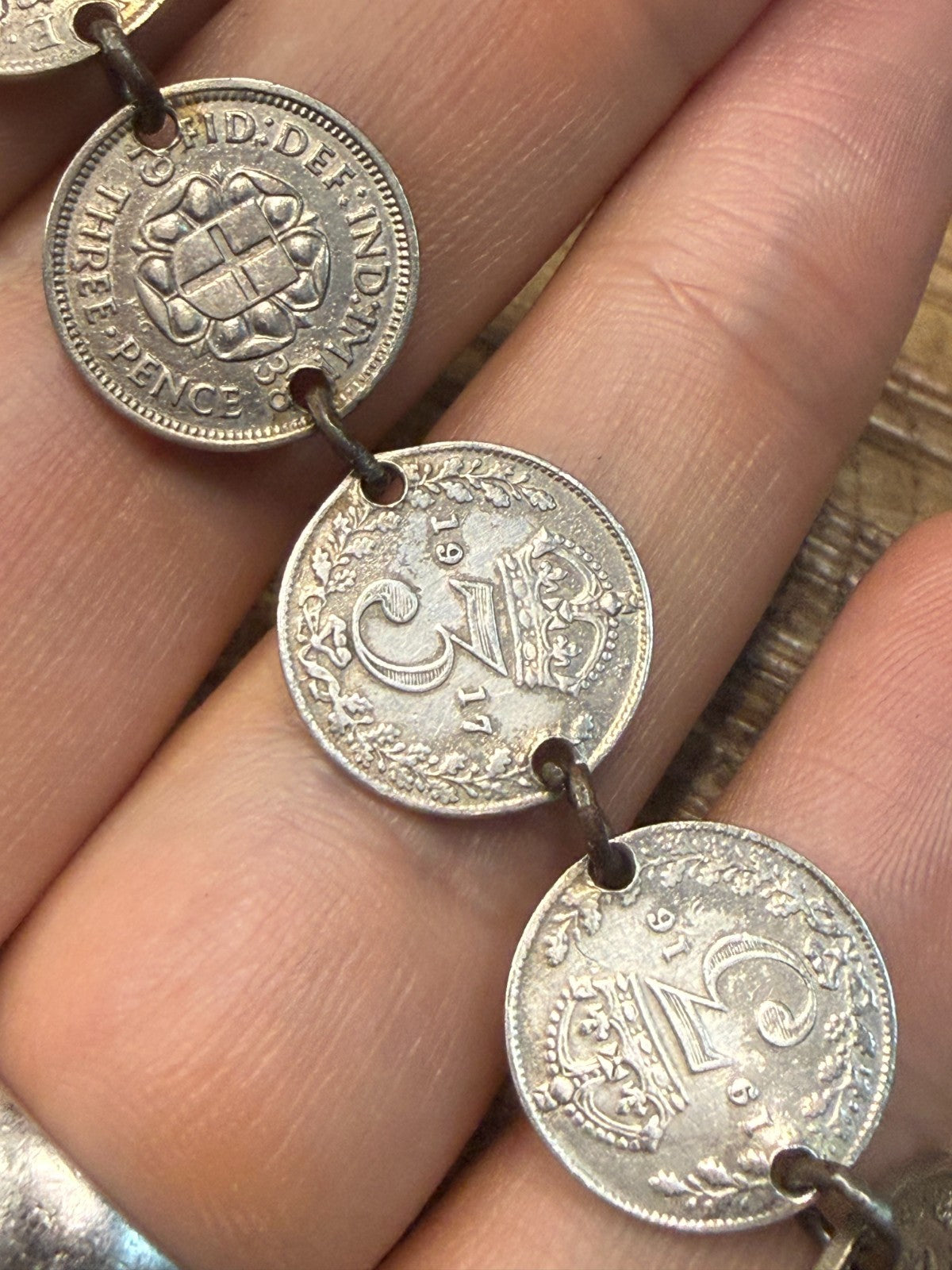 Vintage Silver Three Pence Coin Bracelet Mixed 1916-1938 Threepence 17cm Long