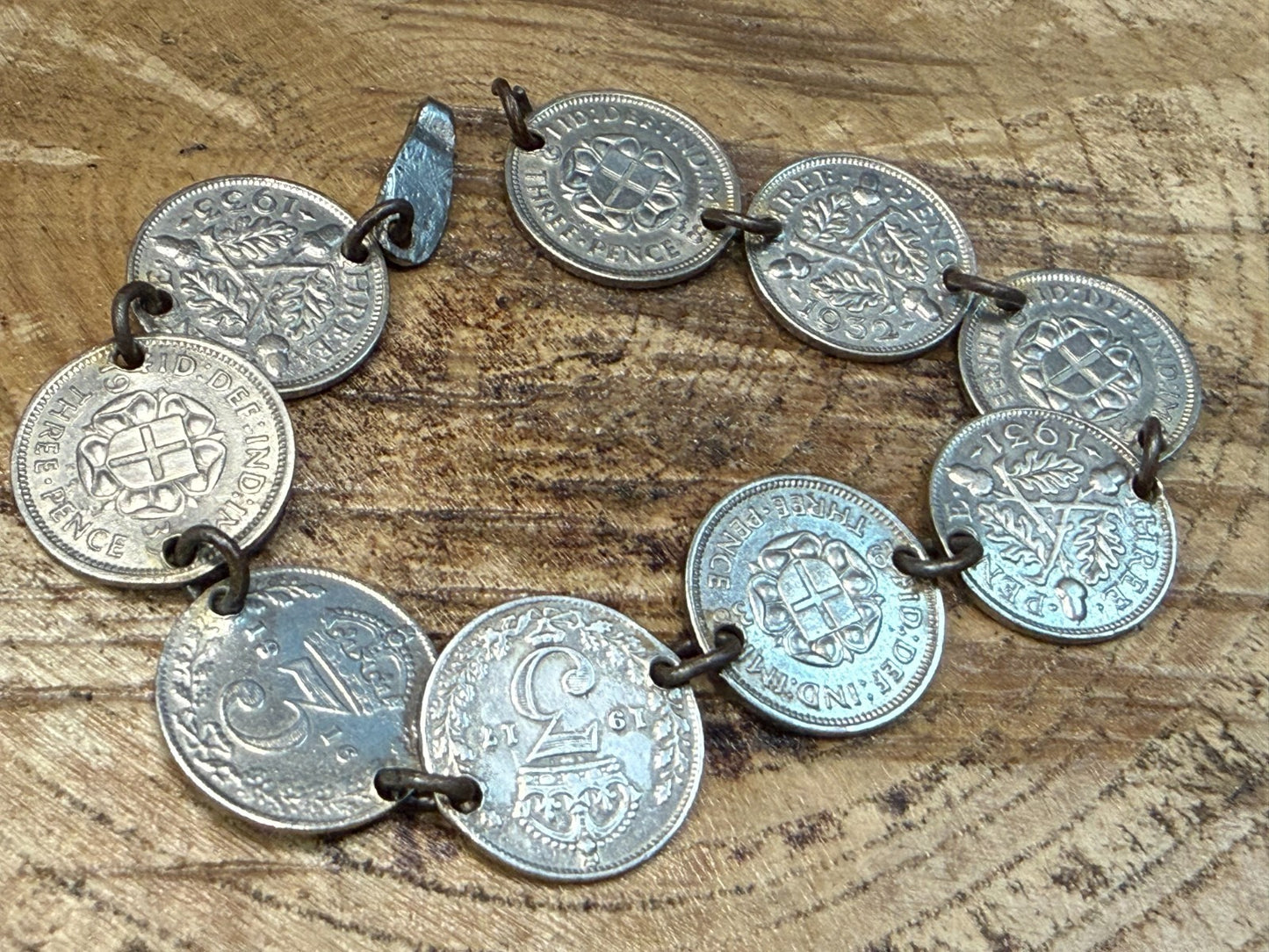 Vintage Silver Three Pence Coin Bracelet Mixed 1916-1938 Threepence 17cm Long