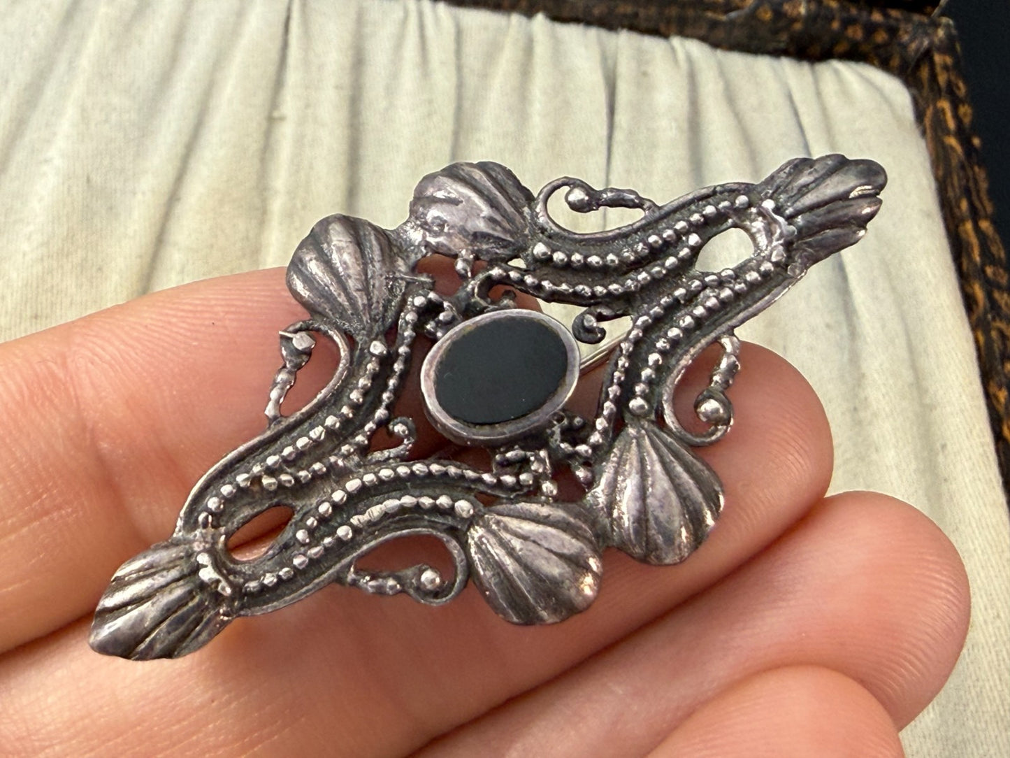 Vintage Silver Brooch Black Onyx Art Nouveau Revival Beaded Scrollwork Pin
