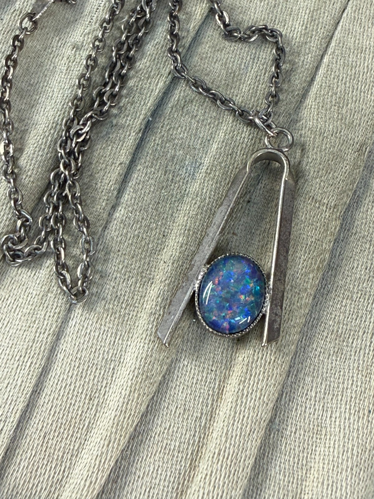 Vintage Modernist Pendant Necklace Glass Opal Simulant 1960s Dark Silver Tone