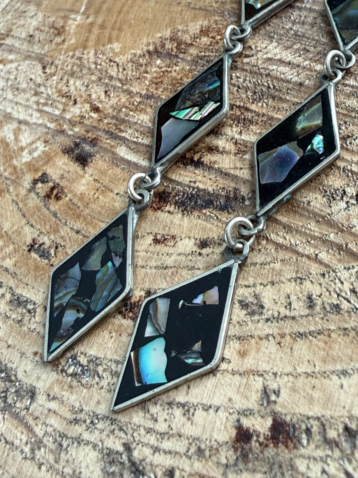 Vintage Silver Tone Abalone Shell Mosaic Drop Earrings Black Diamond Dangle