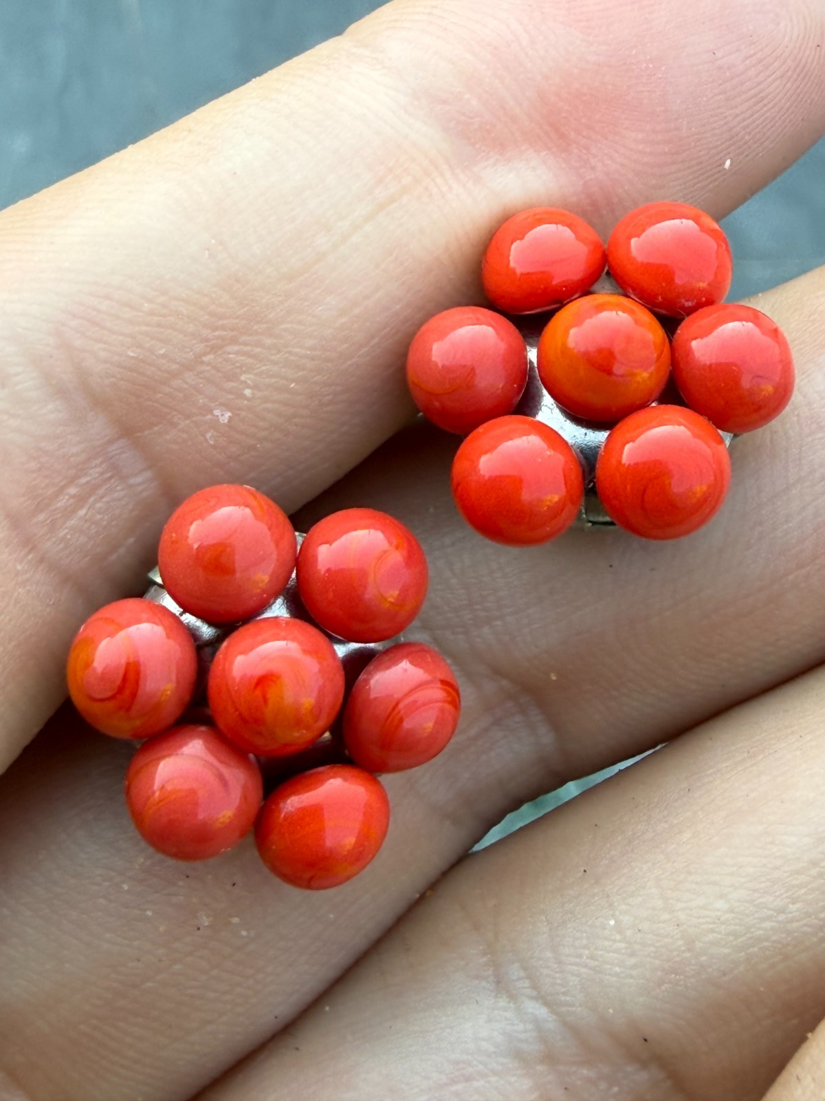 Vintage Red Glass Clip On Earrings Silver Tone Mid Century Floral Bead Bright