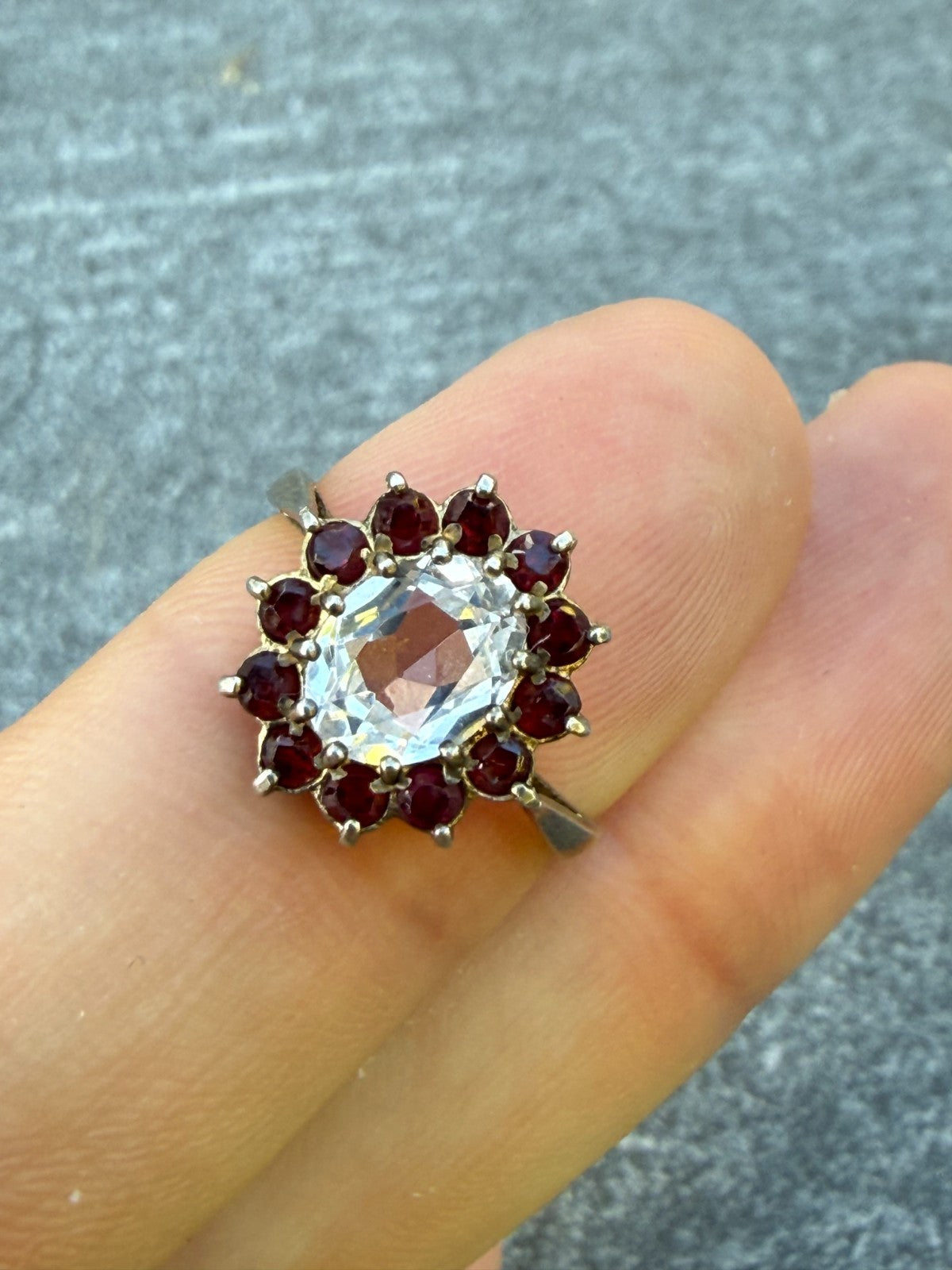 Vintage Silver Milky Quartz Ring Red Glass Rhinestone Cluster Cocktail Size M