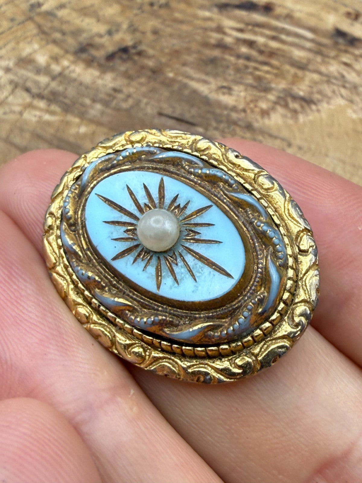 Vintage Etruscan Revival Brooch Turquoise Glass Faux Pearl Starburst Pin
