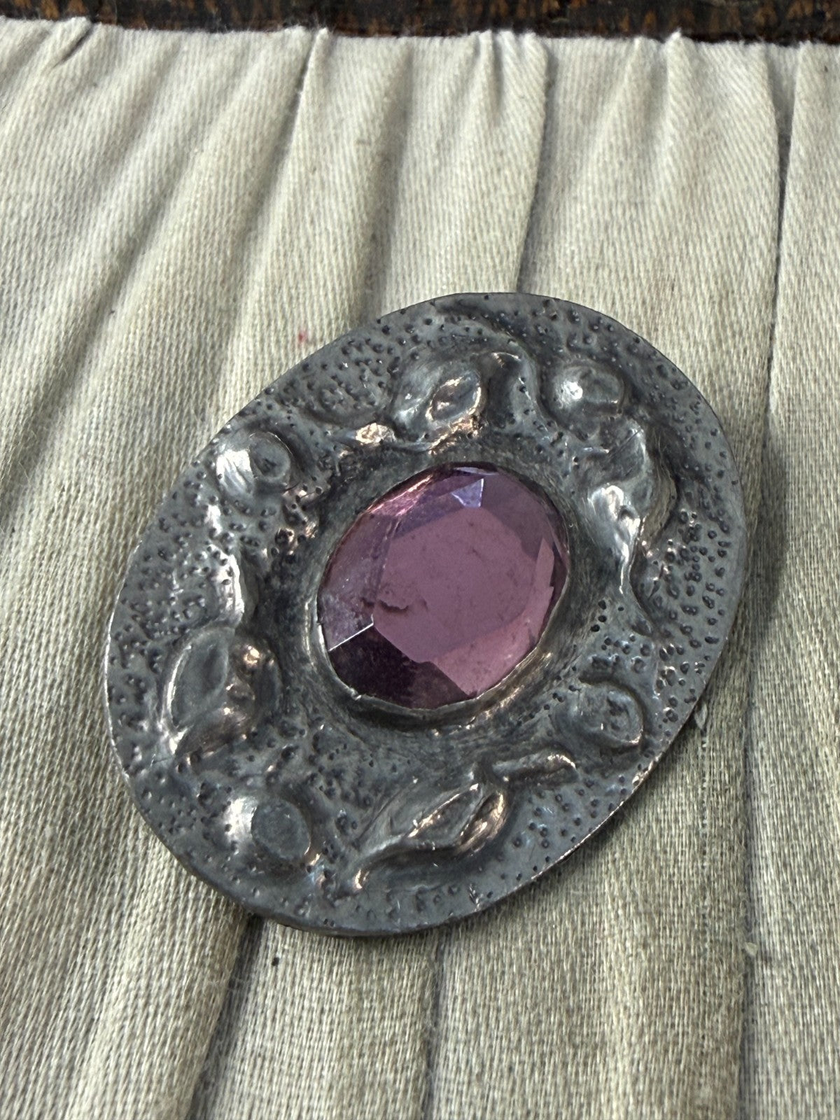 Vintage Ruskin Style Oval Brooch Arts & Crafts Pewter Purple Glass Oval Pin