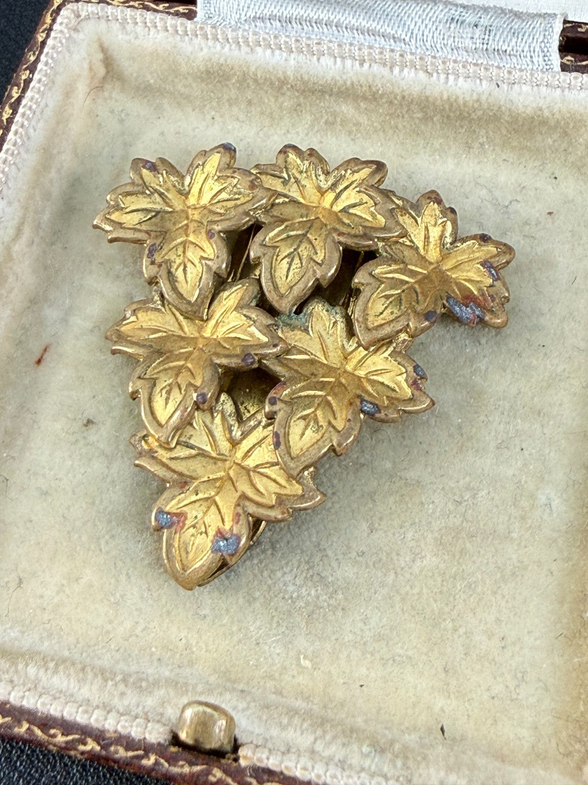 Vintage Gold Tone Maple Leaf Cluster Dress Clip 1930s Art Deco Marked REG