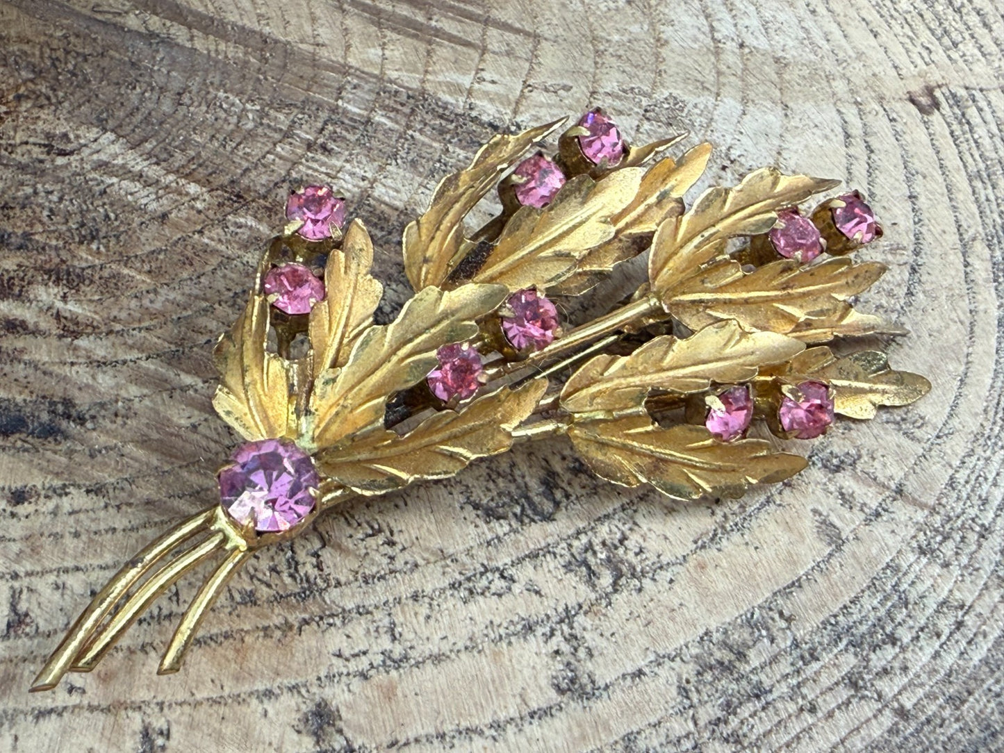 Vintage Gold Tone Leaf Spray Brooch Pink Rhinestone Floral Bouquet Pin 1950s