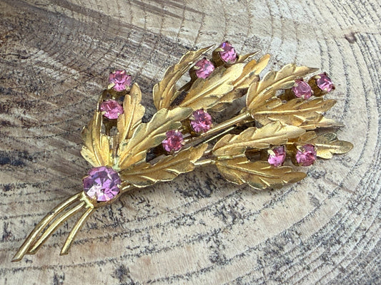 Vintage Gold Tone Leaf Spray Brooch Pink Rhinestone Floral Bouquet Pin 1950s