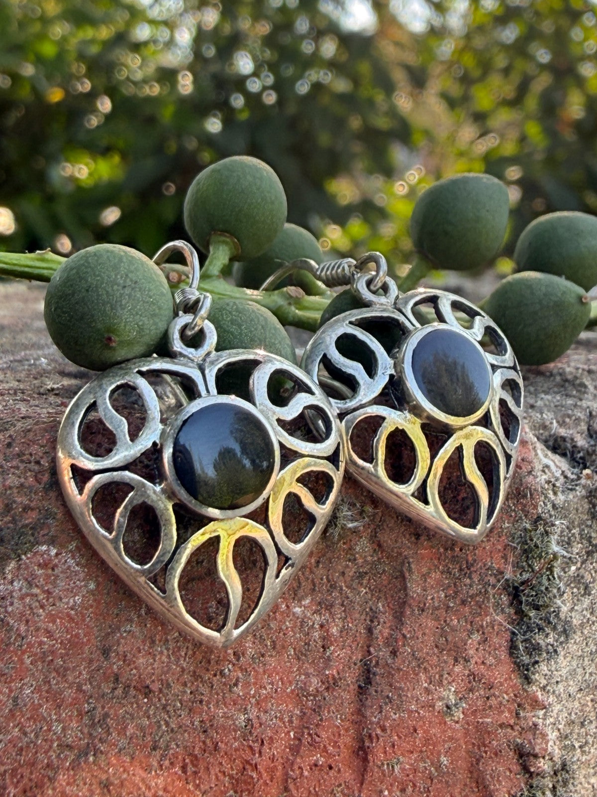 Sterling Silver Heart Earrings Black Onyx Drop Dangle Openwork Love Anniversary