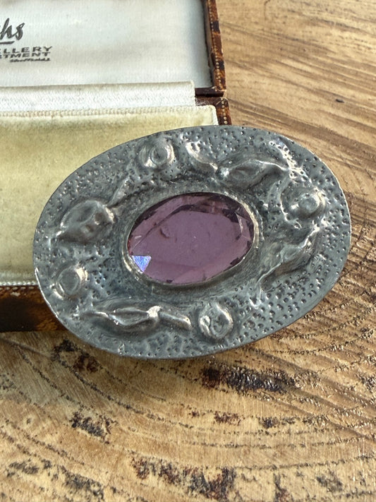Vintage Ruskin Style Oval Brooch Arts & Crafts Pewter Purple Glass Oval Pin