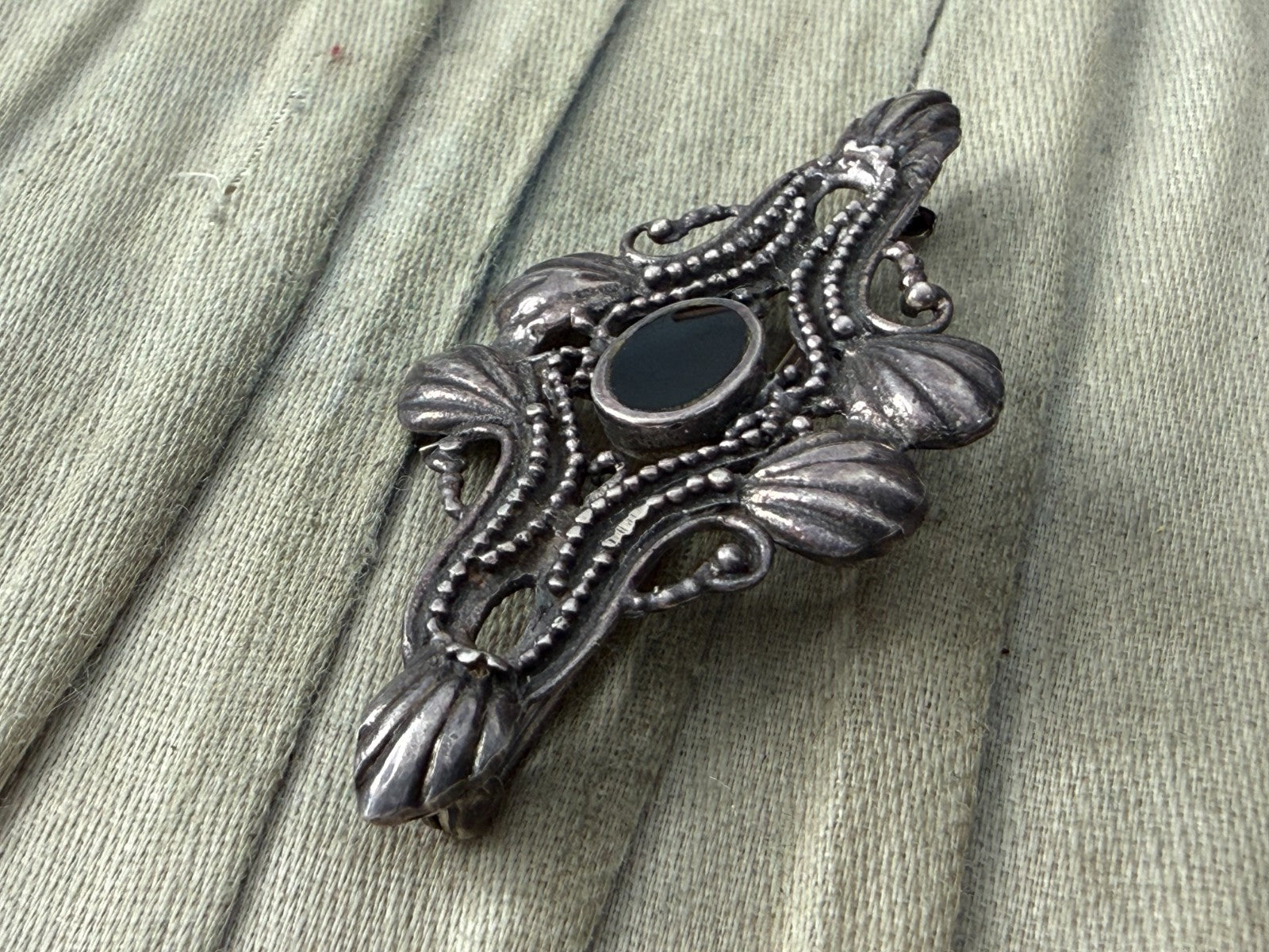 Vintage Silver Brooch Black Onyx Art Nouveau Revival Beaded Scrollwork Pin
