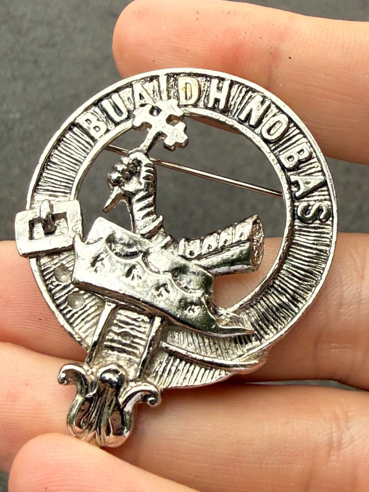 Vintage Clan MacDougall Brooch Silver Tone Scottish Buaich No Bas Motto Badge