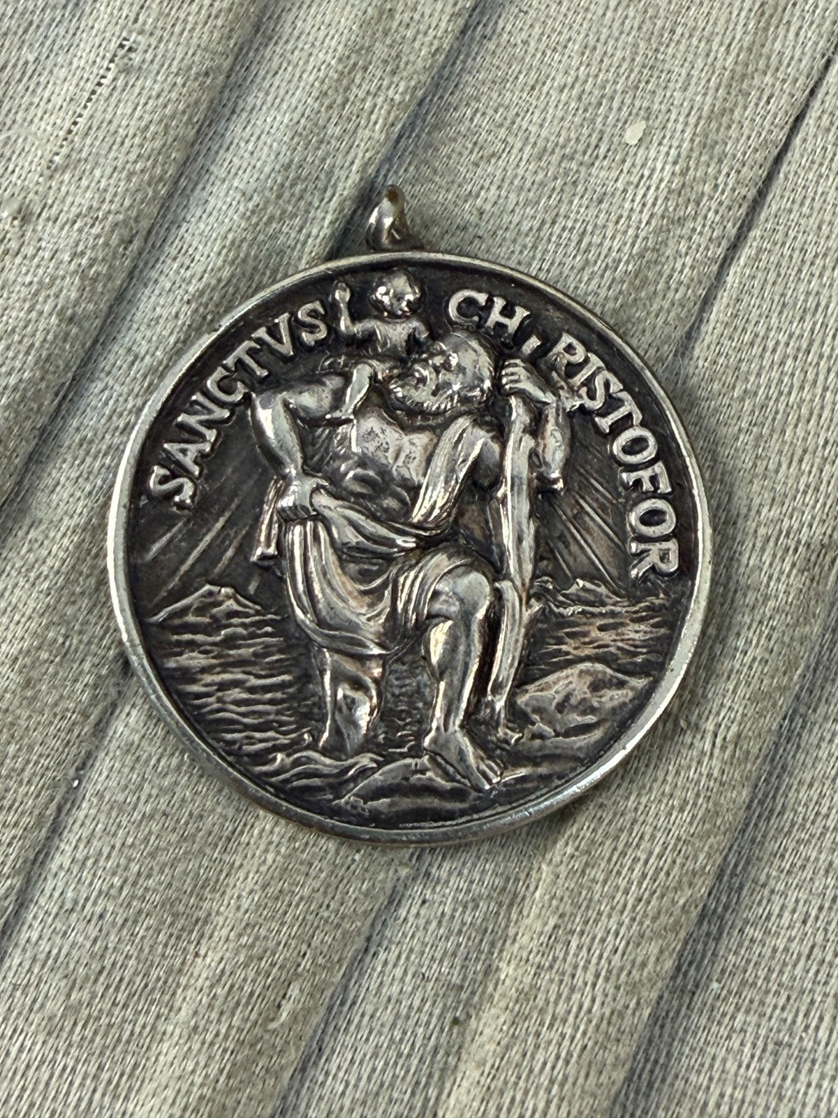 Vintage St Christopher Medal Pendant Silver Tone Sanctus Christofor Inscribed